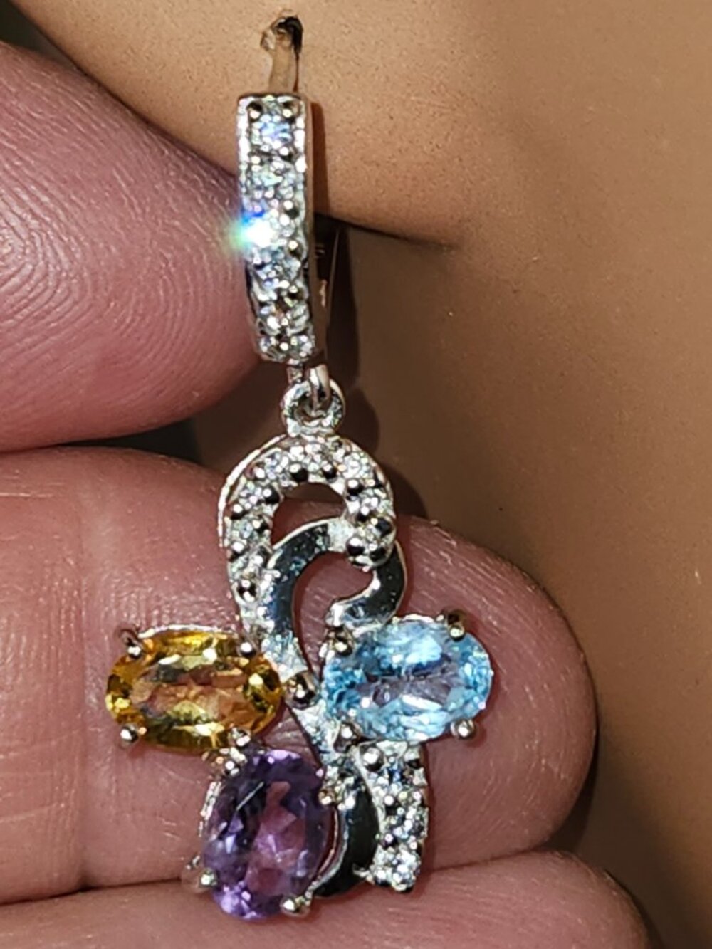 .925 Sterling Silver Amethyst, Citrine & Topaz Dangling Earrings. Value $695